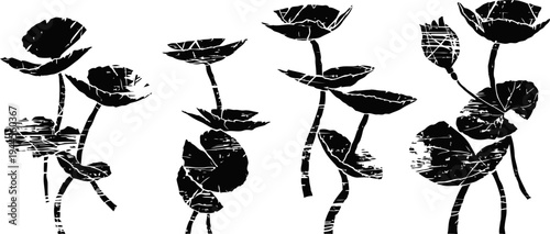 black silhouette flowers with leaves and stems on white background, nature botanical design elements