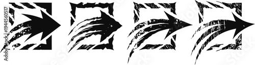 Abstract grunge black arrows pointing right, distressed shape design in square frames