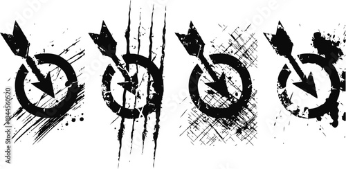 four grunge target icons with arrows hitting the center black and white set