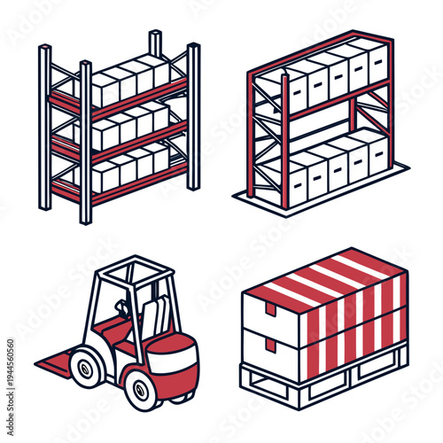 Warehouse and shipping including forklift and storage rack pallet