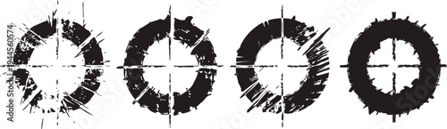 Grunge circular splatter designs with crosshair targets, distressed textures and ink blot effects