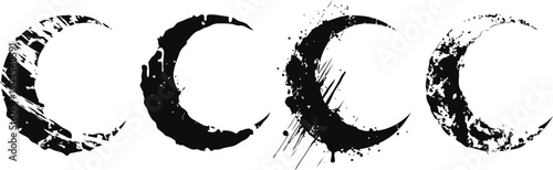 Four black grunge crescent moon shapes with rough brush strokes, hand drawn lunar phase symbols