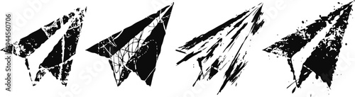 Grunge black paper airplane icons set with scratches and distressed texture