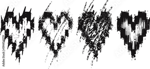 set of four black distressed heart shapes with rough textured effects and artistic grunge