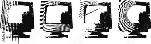 Stylized abstract black and white glitch art faces with digital distortion and pixel wave effects
