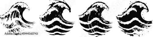 Four black ink brush stroke ocean waves in traditional japanese illustration
