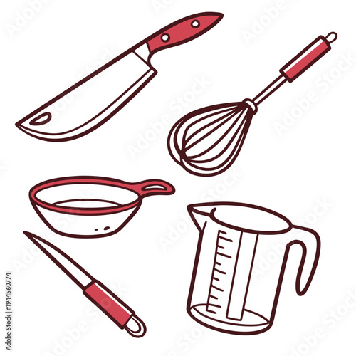 Red and white kitchen utensils and tools on white cooking tools knife whisk