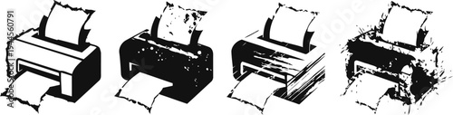 grunge printer icons set showing different levels of wear and texture in black and white