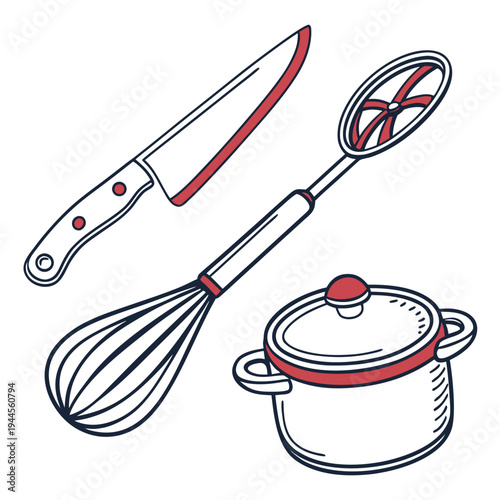Red and white kitchen utensils on white background cooking tools knife whisk
