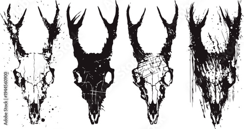 Deer skull illustrations with grunge texture in black and white, vintage wildlife design elements