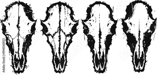 animal skull silhouettes in black and white isolated four different detailed wild mammal skulls for design
