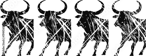 abstract bull silhouettes in black and white with distressed grunge texture dynamic cattle symbols in a row