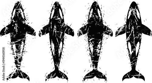 grunge black shark silhouettes set with rough distressed texture isolated on white background
