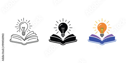 Education and knowledge line icon set, open book with glowing light bulb symbolizing learning, ideas and intellectual growth.