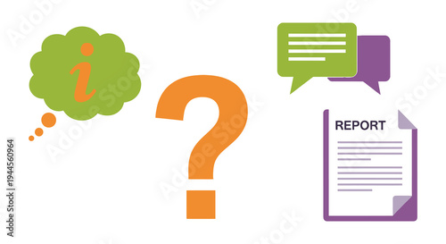Colorful illustration depicting questions information and a report document