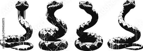 black and white abstract snake illustrations with grunge texture and rough ink splatter design