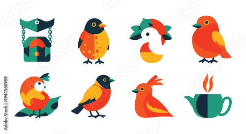 Colorful stylized birds and a teapot in a geometric flat design