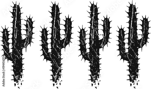 black silhouette of saguaro cactus with multiple arms isolated on white background set