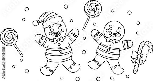 Black and white holiday illustration of gingerbread men with Santa hat, candy cane, lollipops, and festive decorations, perfect for Christmas coloring, seasonal art, and celebration design