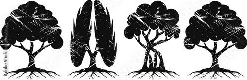 silhouettes of diverse tropical and coastal trees with visible roots on white background