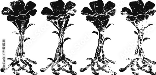 Four vintage botanical illustrations of root vegetables with leaves and flowers