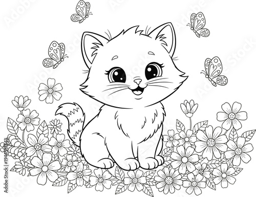 Black and white line drawing of cute cartoon kitten surrounded by flowers and butterflies, whimsical coloring page illustration for kids, nature art, creativity, and playful design