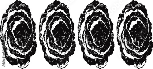 Four black and white sliced tree rings with detailed annual growth patterns in a horizontal row