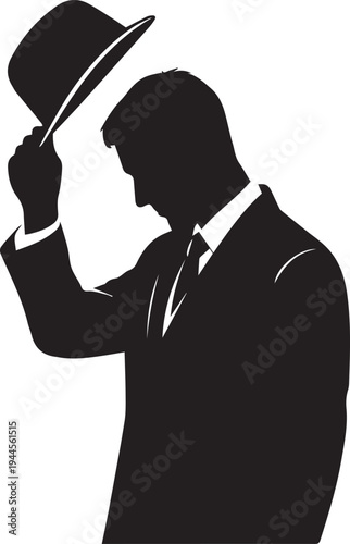 Gentleman in suit tipping his hat, showing respect, a polite and classic vector illustration