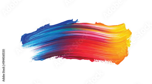 Vibrant multicolored paint brush stroke with blue red yellow and pink hues on white background. Abstract texture