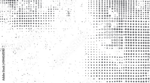 Gray circles and speckles on white background. Halftone pattern with distressed texture dots