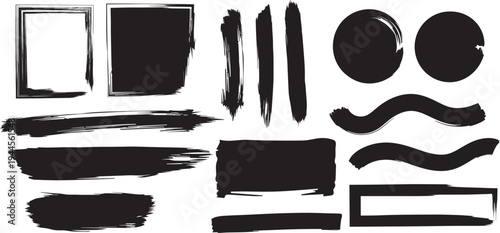 Collection of black and white abstract shapes and brush strokes
