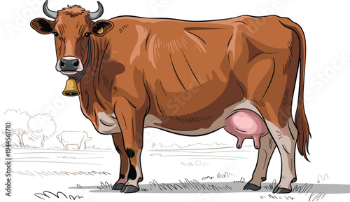 Brown dairy cow standing on farm pasture with udder and bell livestock agriculture cattle illustration