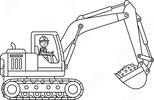 Black and white line drawing of excavator with operator wearing safety helmet, construction machinery illustration for building, excavation, engineering, heavy equipment, and industrial work design