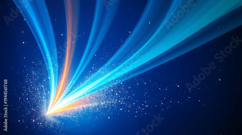 Dynamic blue and orange light trails with glowing particles on a dark background, representing data flow, energy, and digital connection for technology and business concepts