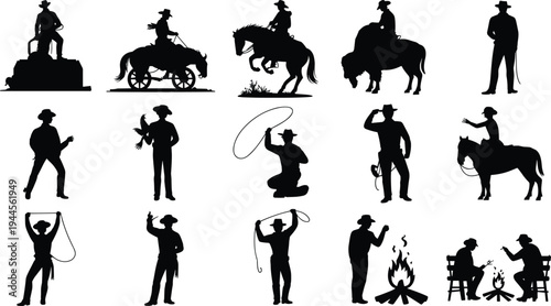 Cowboy western silhouettes set collection, rodeo rider and lasso action icons, wild west cowboy characters pack, ranch lifestyle illustration
