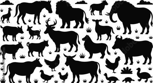 Farm animals silhouettes collection set, livestock and poultry black icons, agriculture animal shapes pack, rural farming illustration