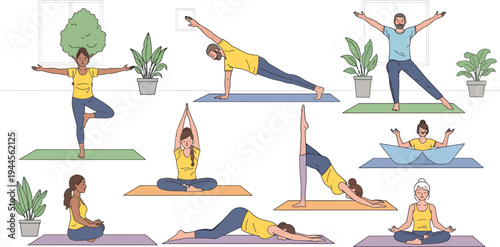 Diverse Group of People Practicing Various Yoga Poses for Wellness and Mindfulness in a Bright Studio