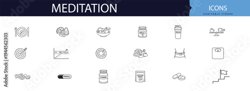 Meditation and mindfulness icons set for relaxation and wellness