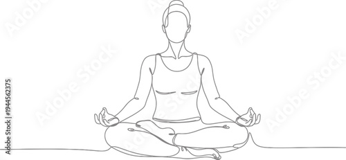 Continuous Line Drawing of a Person Meditating in Lotus Pose, Practicing Mindfulness and Yoga