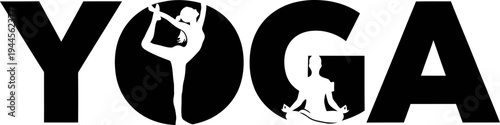 Minimalist Yoga wordmark with silhouettes of people practicing poses and meditation