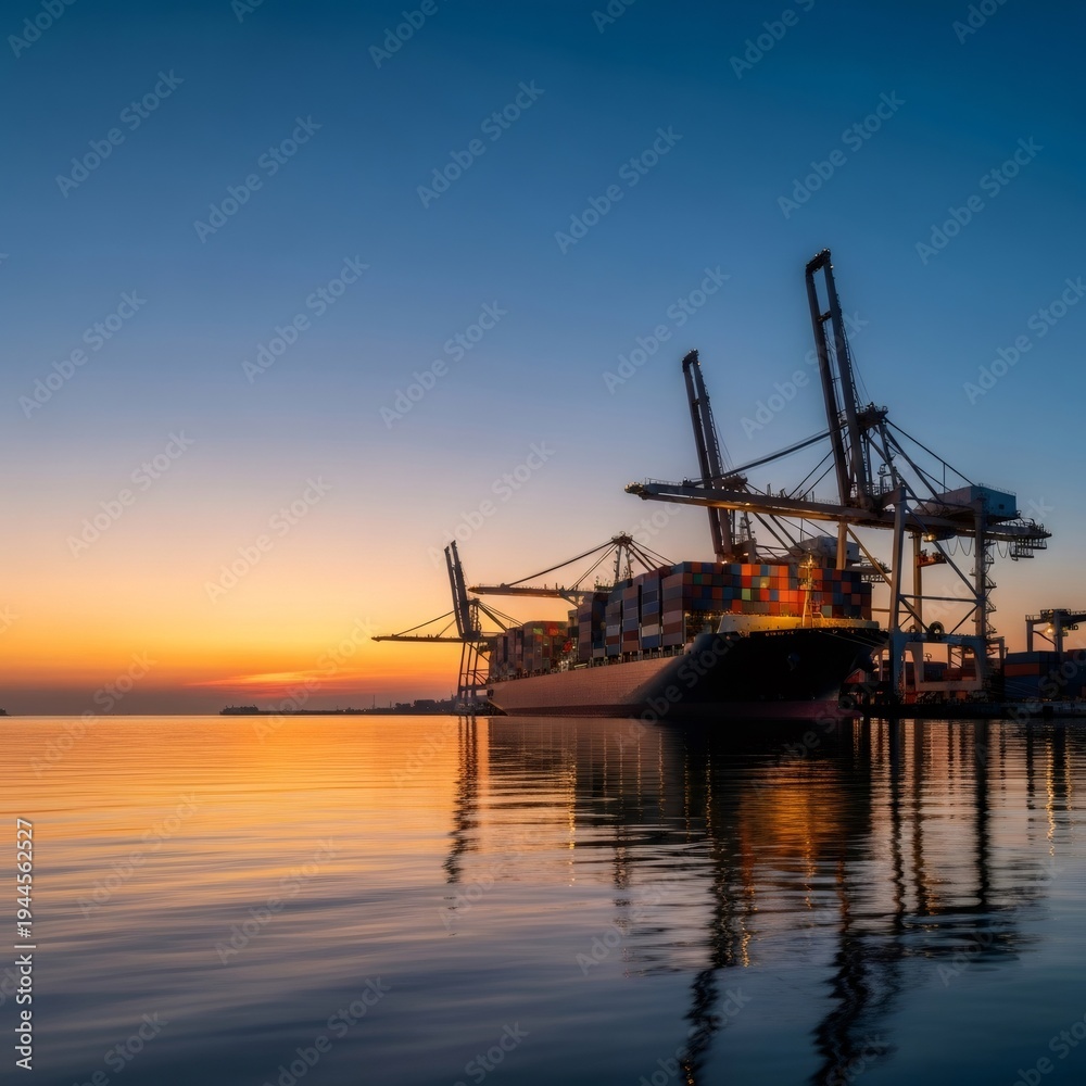 Obraz premium Container ship docked at a commercial port during a vibrant sunset. Global logistics and cargo transportation concept for international trade and supply chain.