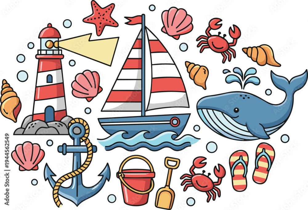 Naklejka premium Nautical adventure vector collection featuring a sailboat lighthouse anchor whale and beach vacation elements like sea shells and crabs.