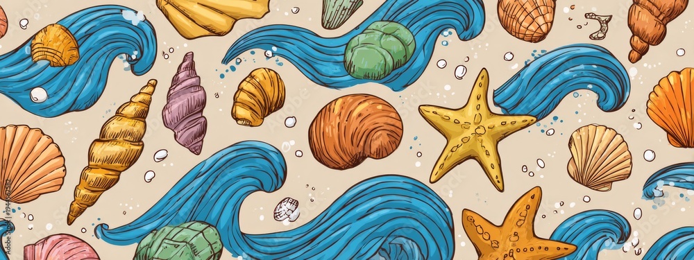 Obraz premium Colorful Beach Pattern Featuring Shells, Starfish, and Waves in Vibrant Illustrative Style