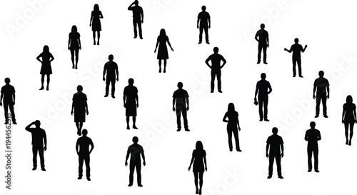 Crowd of people silhouettes, standing man and woman group, human community collection, diverse society figures, social gathering vector illustration, 18-20 words