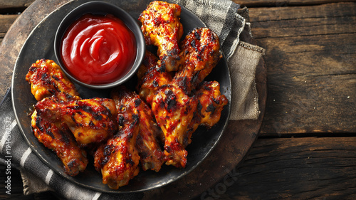 Grilled spicy chicken wings with ketchup on a plate, top view