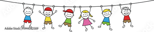 Cartoon illustration of six smiling children hanging from rope in playful poses, joyful childhood activity artwork representing friendship, fun, teamwork, outdoor play, and kids design