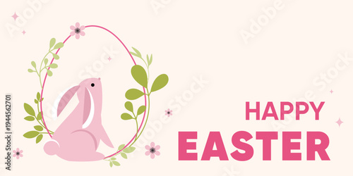 Happy easter banner with bunny vector illustration with floral wreath and happy easter text spring holiday design for greeting cards banners posters invitations social media and seasonal marketing