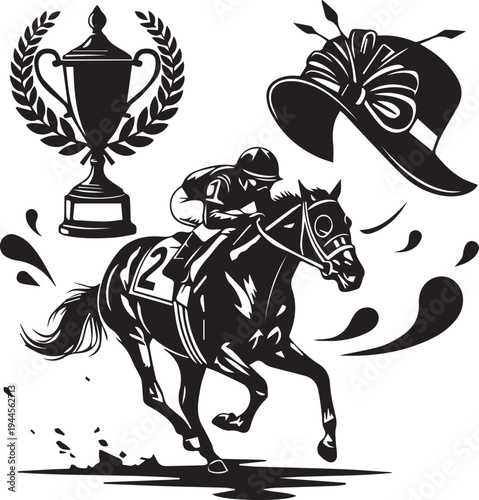 Horse racing derby set with jockey winner trophy and elegant hat vector silhouette design