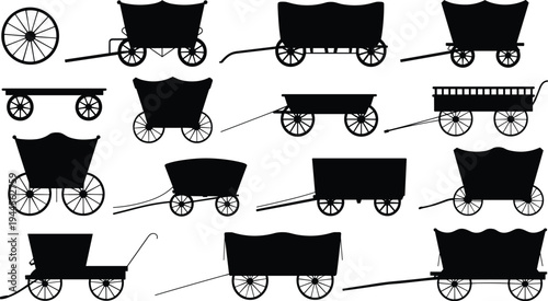 Old western wagon silhouettes collection set, vintage pioneer covered wagons icons, wild west transport carts pack, frontier illustration