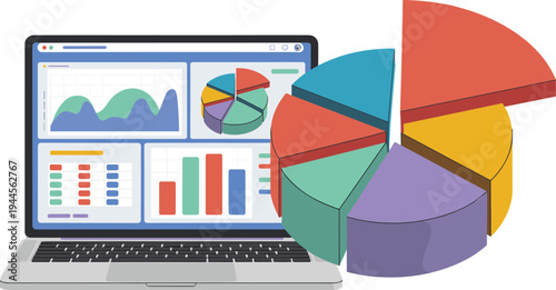 Business analytics dashboard on laptop with pie chart graphs and data visualization for financial analysis illustration